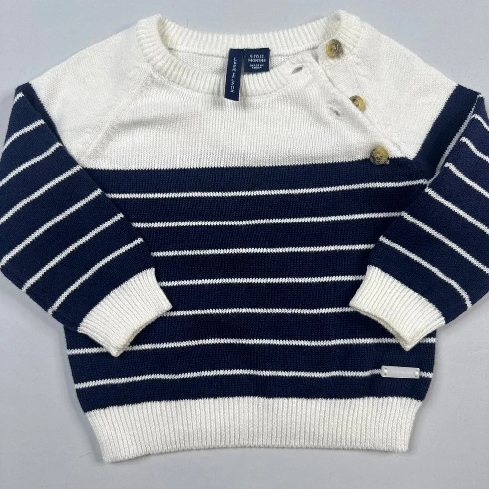 Janie and‎ Jack Sweater Kids 6-12 Months Navy Blue White Striped Button Nautical